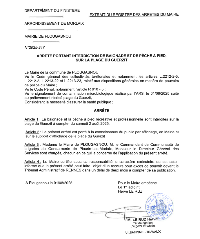 Arr�t� : Interdiction de baignade et p�che � pied plage du Guerzit