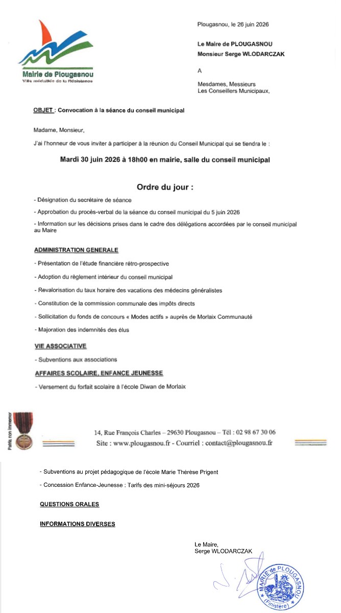 Ordre du jour du conseil municipal du mardi 30 juin 2026
